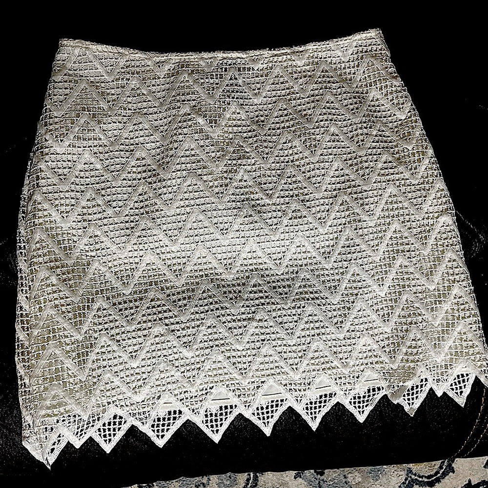 Embroidered White Mini Skirt w Zipper down middle of back